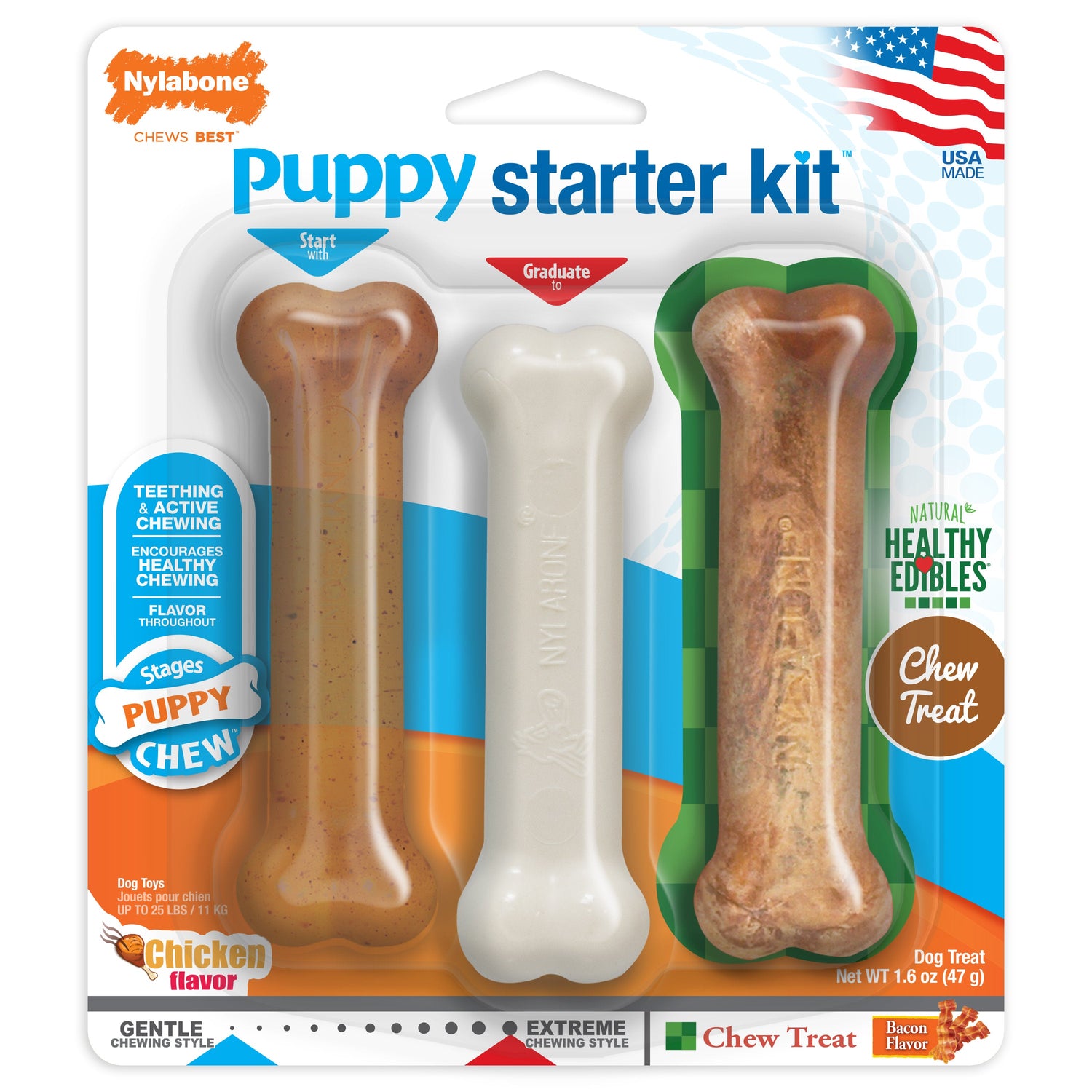 Nylabone Puppy Starter Kit Dog Chew Toys  Treat Chicken  Bacon, 1ea/SMall/Regular  Up To 25 Ibs. 3 ct