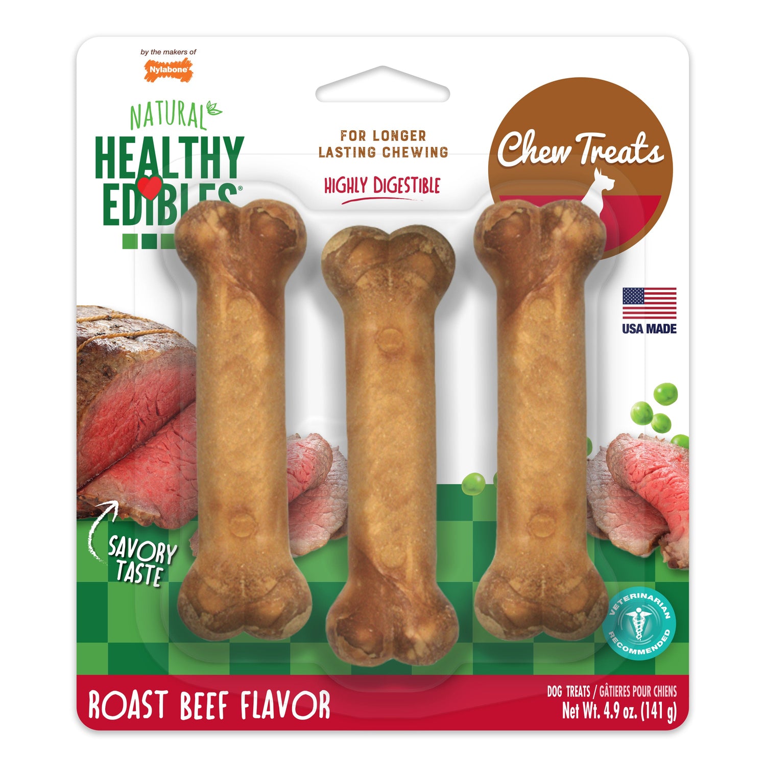 Nylabone Healthy Edibles AllNatural Long Lasting Chew Treats Roast Beef, 1ea/SMall/Regular  Up To 25 Ibs. 3 ct