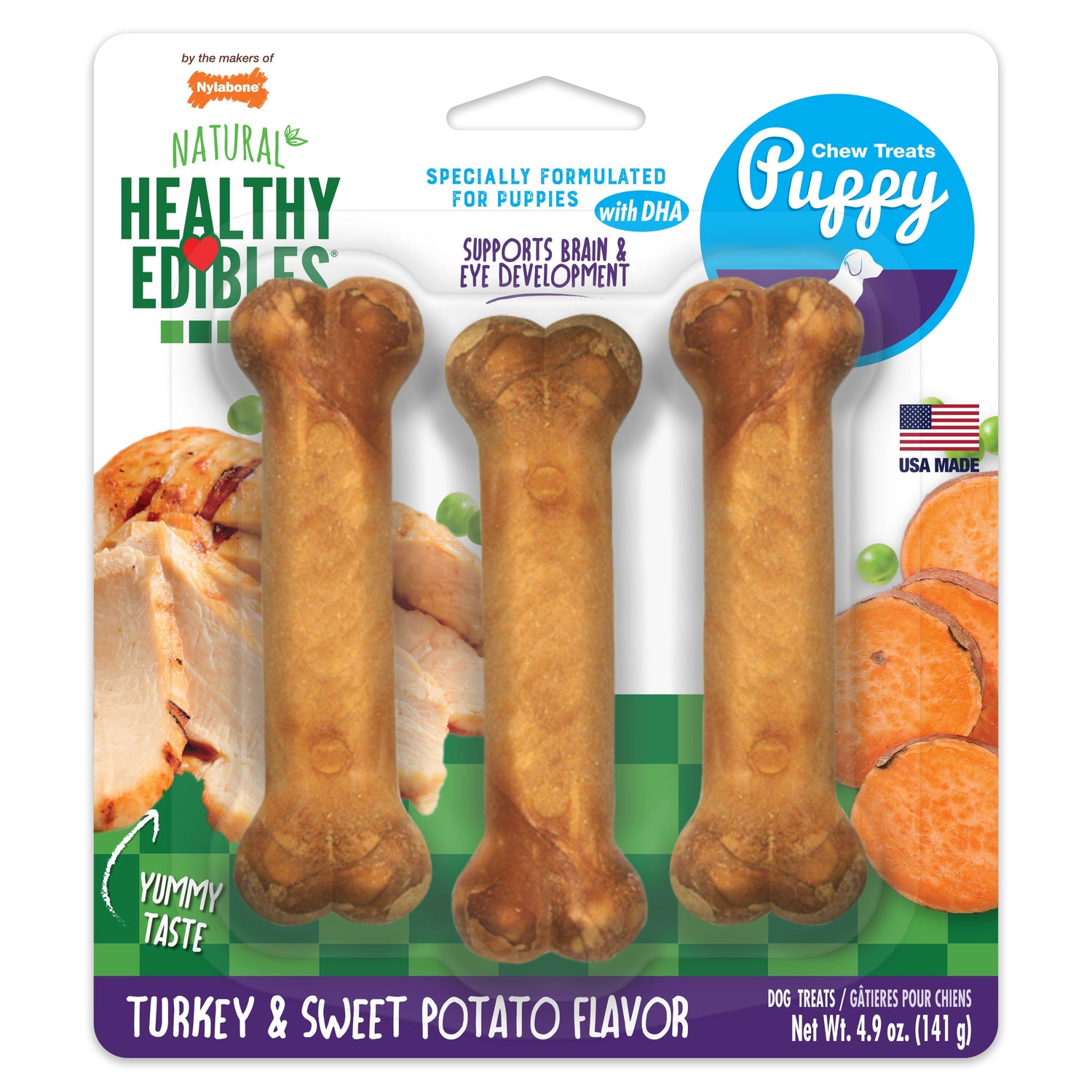 Nylabone Healthy Edibles AllNatural Long Lasting Puppy Chew Treats Turkey  Sweet Potato, 1ea/SMall/Regular  Up To 25 Ibs. 3 ct