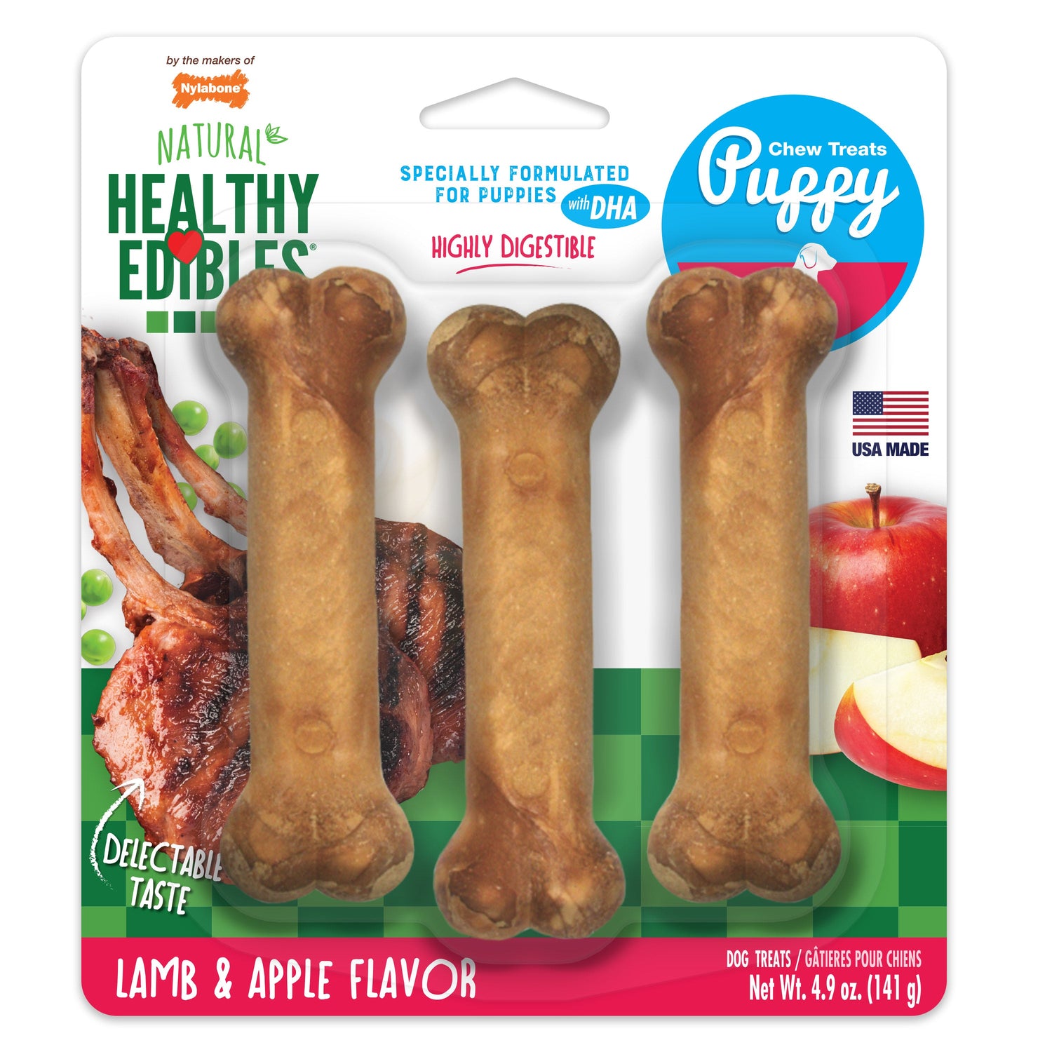 Nylabone Healthy Edibles AllNatural Long Lasting Puppy Chew Treats Lamb  Apple, 1ea/SMall/Regular  Up To 25 Ibs. 3 ct