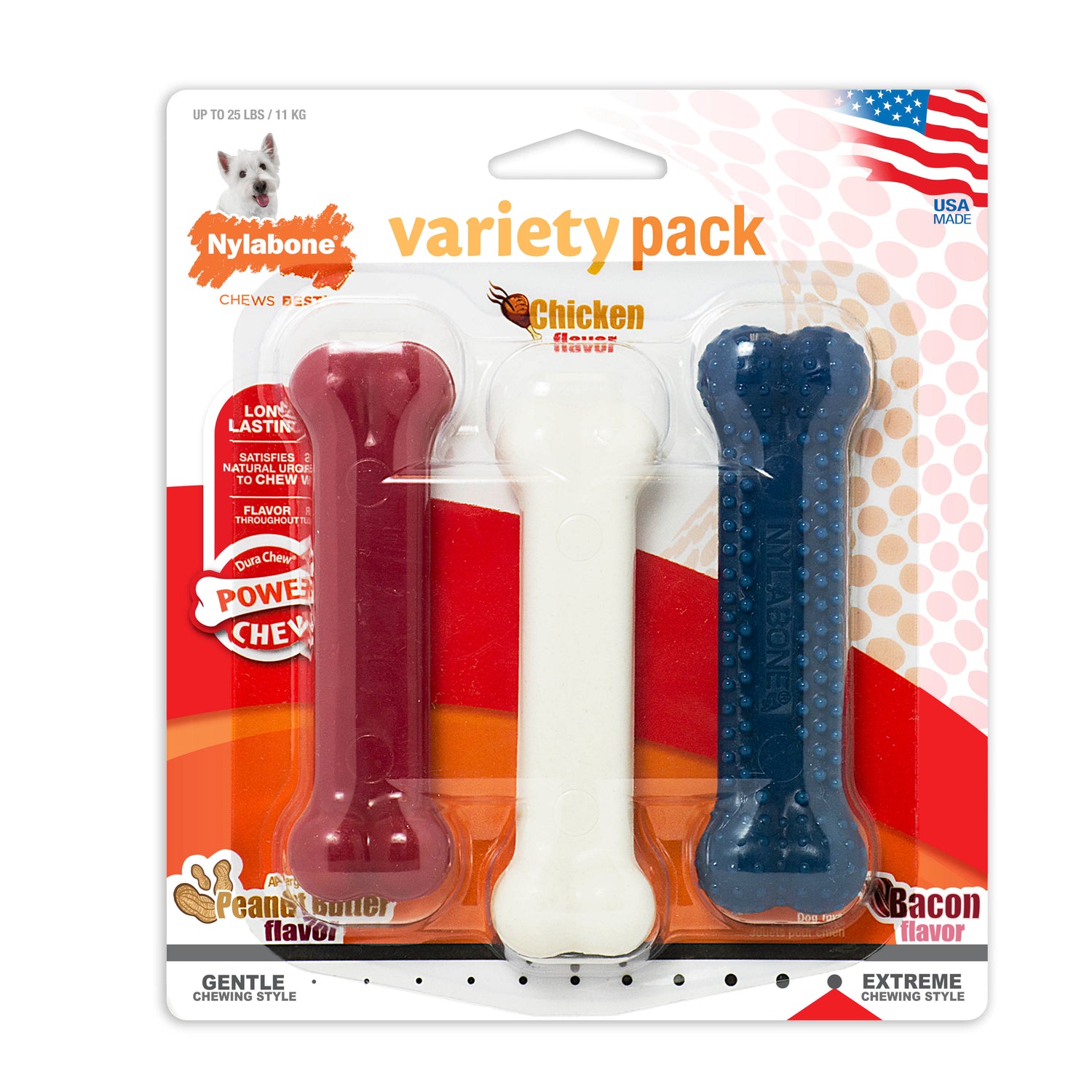 Nylabone Power Chew Variety Triple Pack Chicken, Bacon  Peanut Butter, 1ea/SMall/Regular  Up To 25 Ibs. 3 ct