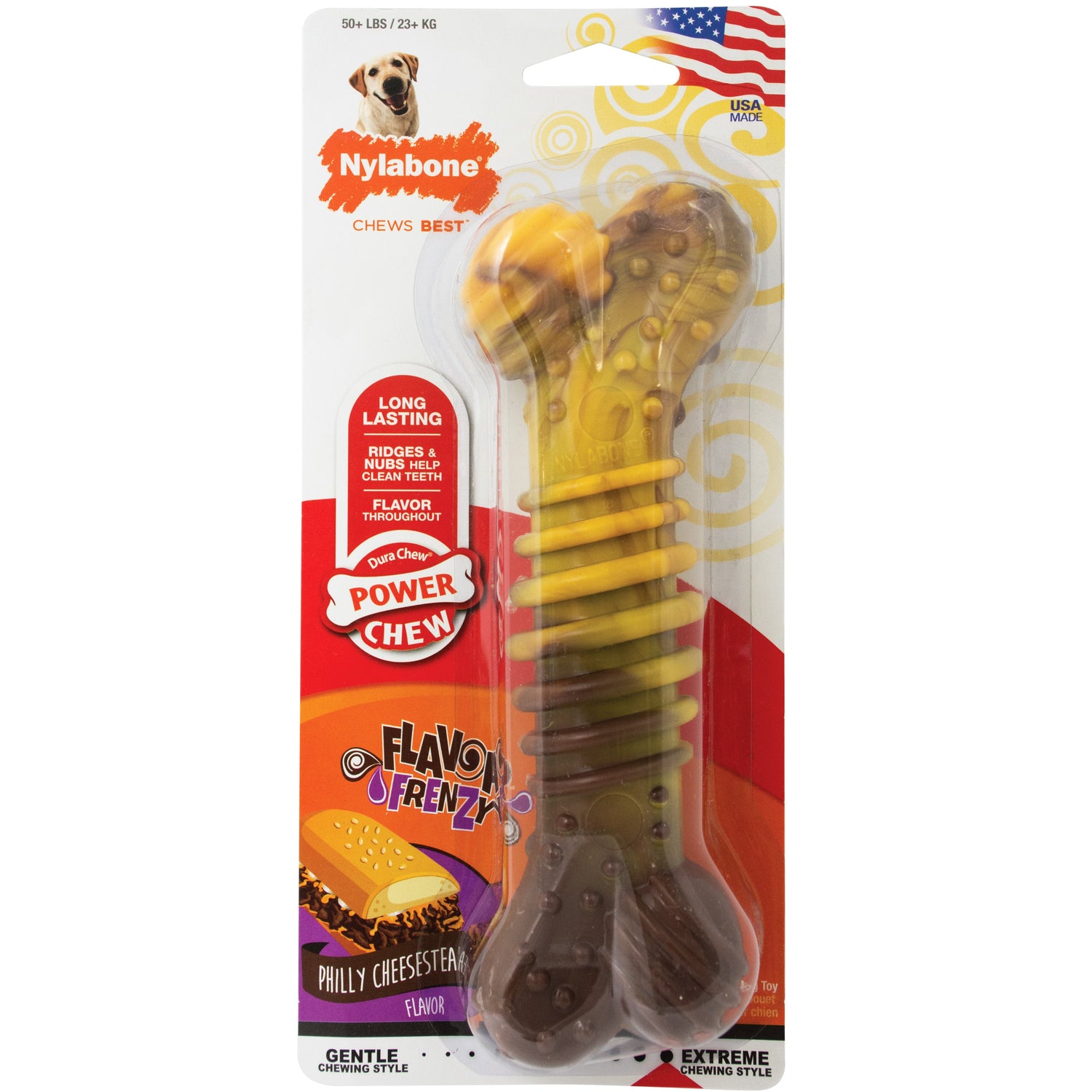 Nylabone Flavor Frenzy Power Chew Durable Dog Chew Toy Philly Cheesesteak, 1ea/XL/Souper  50 Lbs. 1 ct