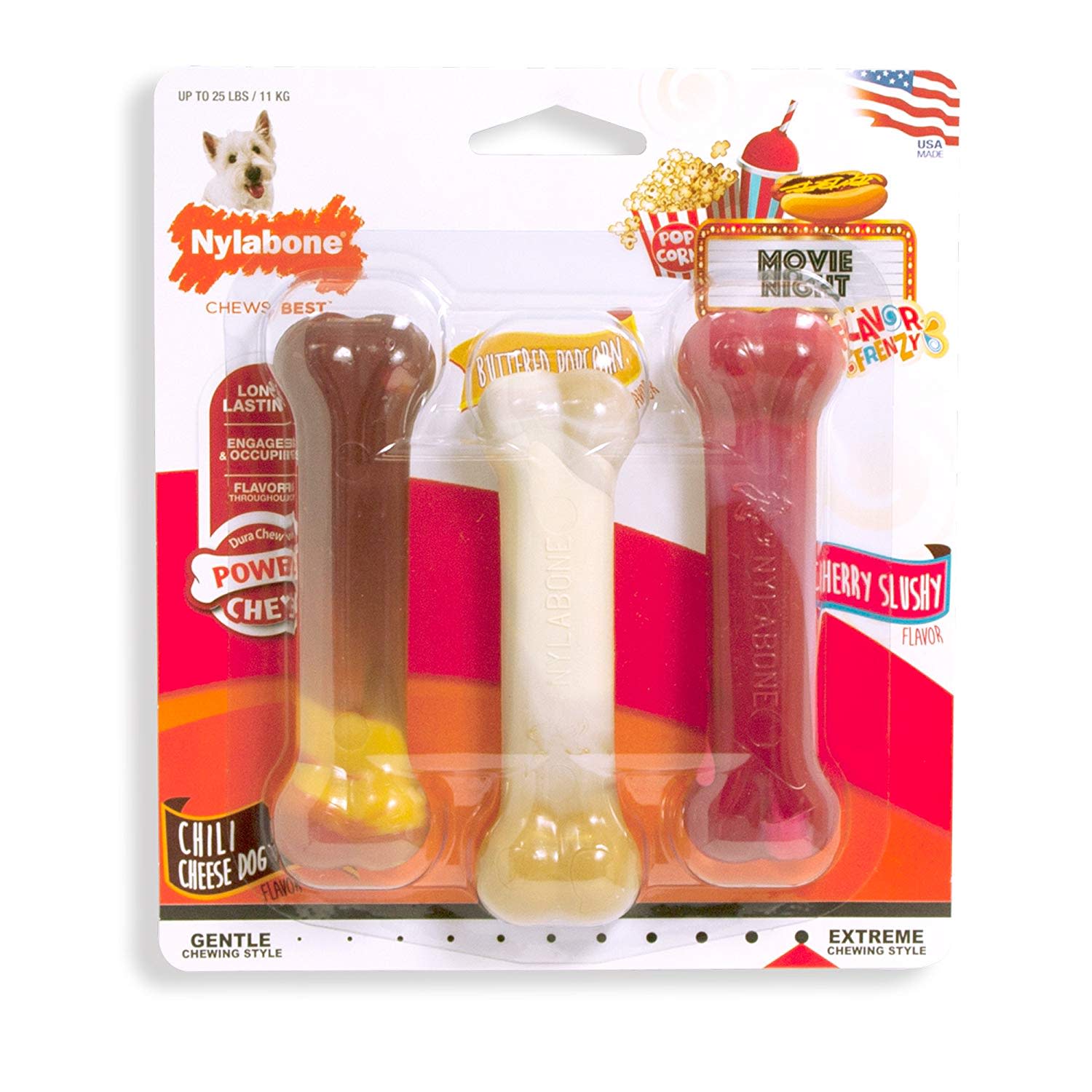 Nylabone Flavor Frenzy Power Chew Triple Pack Chili Cheese Dog, Popcorn  Cherry, 1ea/SMall/Regular  Up To 25 Ibs. 3 ct