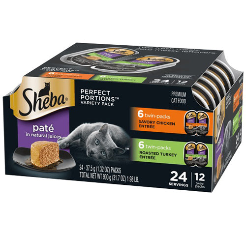 Sheba Perfect Portions Pate Wet Cat Food Variety Pack (Savory Chicken, Roasted Turkey) 2.6oz 12pk